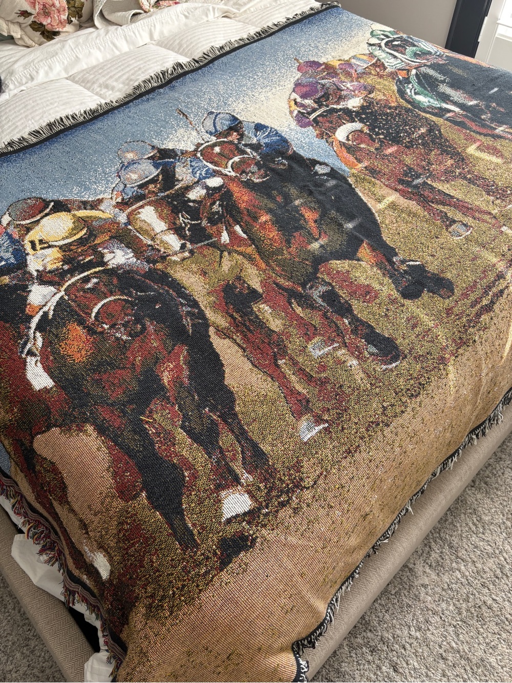 Vintage 90’s Horse Track Racing Jockeys Equestrian Throw Blanket Fringe Ends